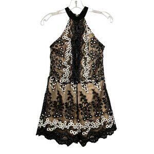 Aly Daly Womens Halter Racerback Floral Lace Romper Black/Multi L Cut Out